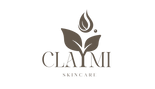 Minimalist skincare logo with two leaves and a stylized drop above the word 'Claymi Skincare'.