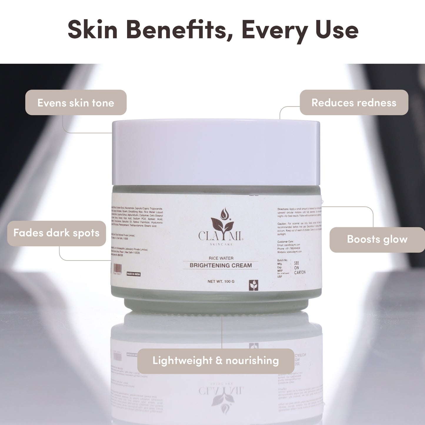Claymi Rice Water Brightening Cream -Intense Hydration and Pigmentation Care with Rice Water Extract, Alpha Arbutin and Bakuchiol
