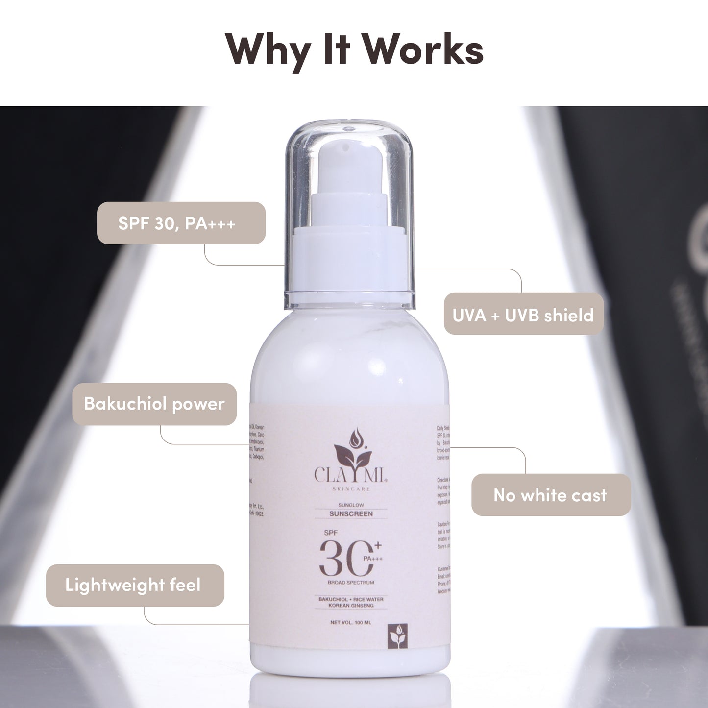Claymi Sunglow Sunscreen SPF 30 PA+++  Broad Spectrum Protection with Bakuchiol, Rice Water and Korean Ginseng
