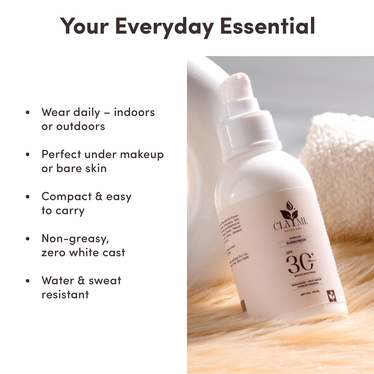 Claymi Sunglow Sunscreen SPF 30 PA+++  Broad Spectrum Protection with Bakuchiol, Rice Water and Korean Ginseng